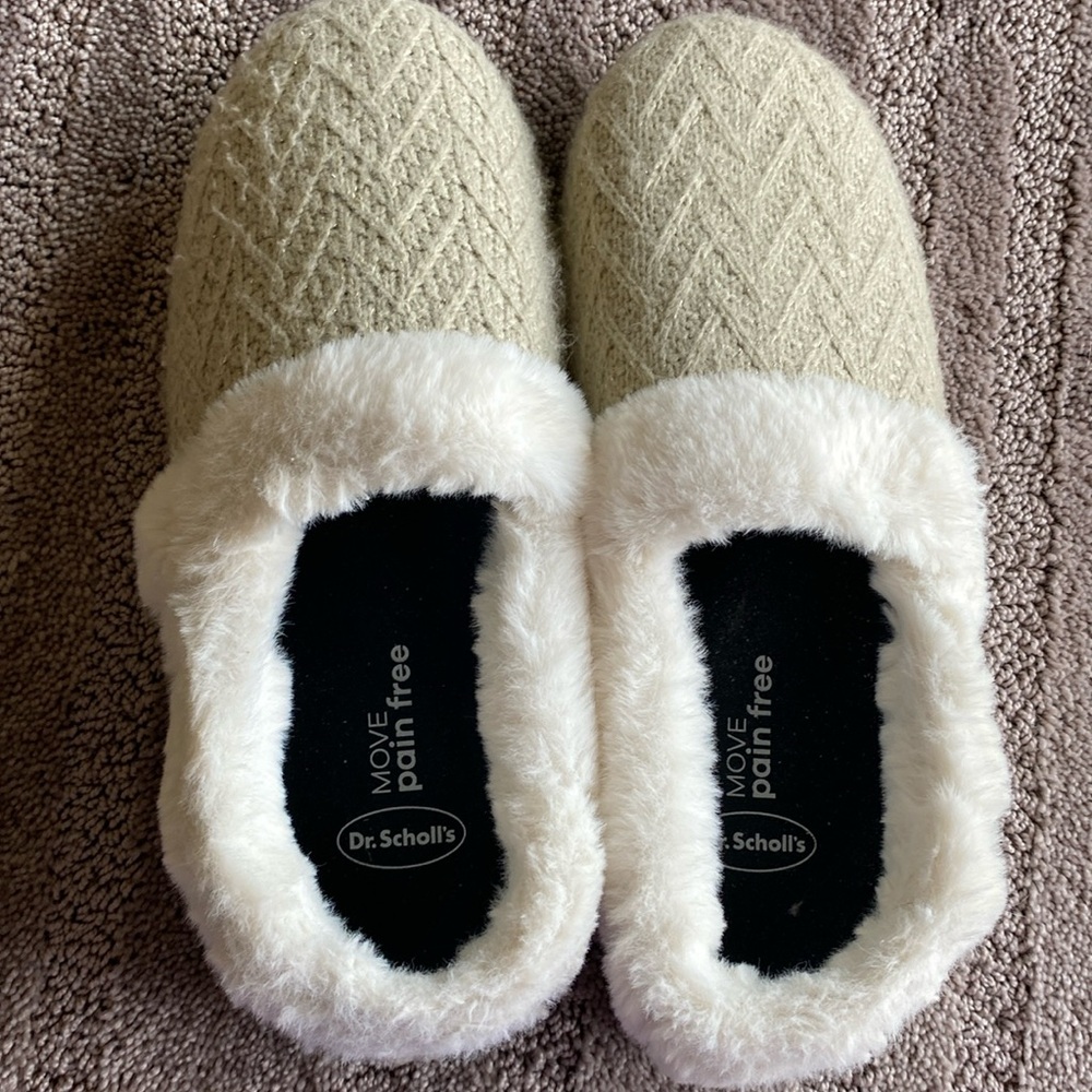 Dr. Scholl's  Faux Fur Trim Slippers- Tan Fabric Women's Size 11W